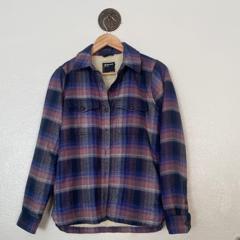 Marmot Womens Sherpa Lined Flannel Shirt Jacket Purple Blue Plaid XS
